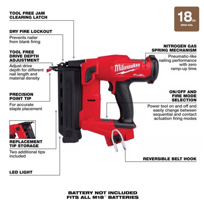 Milwaukee M18 FUEL 18 Ga. 18V Brushless Brad Nailer - Image 2